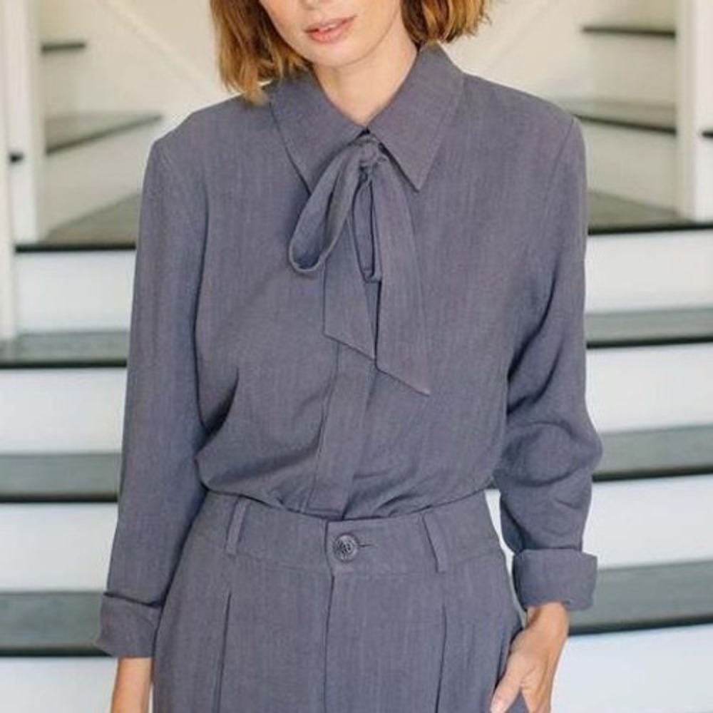 RACHEL PALLY Women's Gray Long Sleeve Button Up Shirt bow tie tunic pussy bow